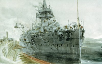 سفينة HMS "Audacious"، بُنيت في 1911-1913. ألوان مائية بواسطة وليام ليونيل ويلي