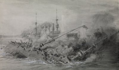 آخر سفينتي "شارنهورست" و"غنيسيناو"؛ معركة جزر فوكلاند، 8 ديسمبر 1914، حوالي الساعة 16.15، حوالي الساعة 16.15، حوالي الساعة 1915-1918 (غسيل، رمادي، مع زيادة اللون الأبيض) بواسطة وليام ليونيل ويلي