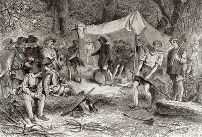 اليوم الأول في جيمستاون ، 14 مايو 1607 ، من "الرومانسية ومأساة الحياة الرائدة" لأغسطس ماسون ، 1883 (النقش) (صورة بوندو) بواسطة وليام لودلو شيبرد
