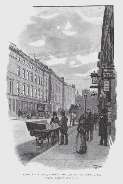 شارع Moorgate ، يظهر مكاتب شركة Royal Mail Steam Packet Company (litho) بواسطة وليام لوكير