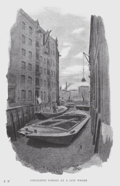 Unloading Barges at a City Wharf (litho) بواسطة وليام لوكير
