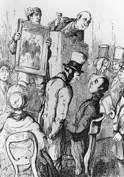 فيل للبيع ، رسم توضيحي للفصل السابع عشر من فانيتي فير ، رواية ويليام ميكبيس ثاكيراي (1811-1863) ، نقش بعد الرسم بقلم ويليام ميكبيس ثاكيراي (1811-1863) ، نُشر في شيكاغو عام 1882 بواسطة وليام ماكيبيس ثاكراي