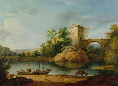 منظر طبيعي لنهر إيطالي مشجر مع فلاحين في بارج وجسر خلفه ، حوالي عام 1770 (ألوان مائية) بواسطة وليام مارلو