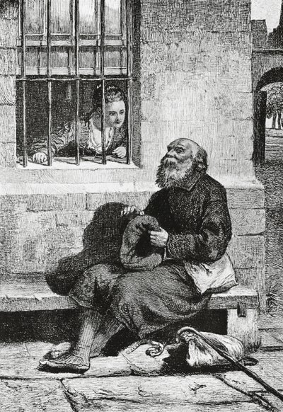 الآنسة وردور والمتسول إيدي أوشيلتري، رسم توضيحي لـ Antiquary، رواية تاريخية كتبها والتر سكوت (1771-1832)، نقش بعد الرسم بواسطة ويليام ماك تاغارت (1835-1910) بواسطة وليام مكتاغارت
