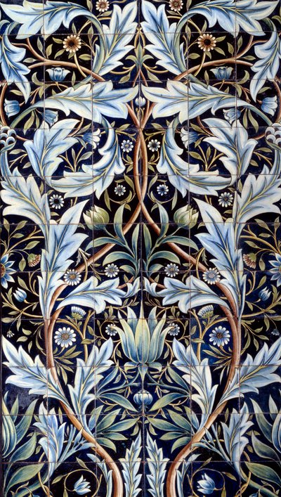 لوح تغطية الجدران (66 بلاطة) من صنع ويليام موريس (1834-1896) وويليام فريند دي مورغان (1839-1917) من القيشاني. من قاعة ممبلاند لإدوارد تشارلز بارينج. تشيلسي ، إنجلترا. 1876-1877 شمس. 1x635 م باريس ، متحف دورسيه بواسطة وليام موريس