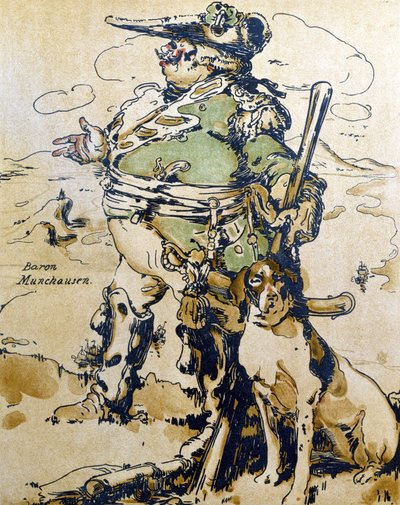 Baron Munchausen ، رسم توضيحي من "شخصيات الرومانسية" ، نُشر لأول مرة عام 1900 (لون ليثو) بواسطة وليام نيكلسون