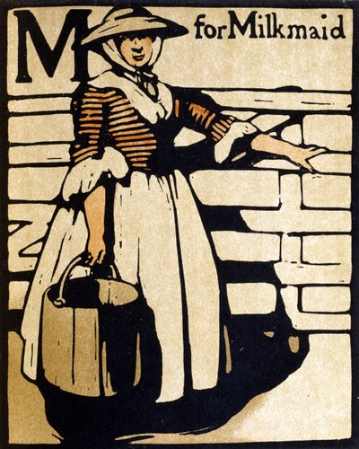 M لـ Milkmaid ، رسم توضيحي من "An Alphabet" ، نشره William Heinemann بواسطة وليام نيكلسون
