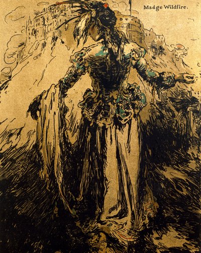 Madge Wildfire ، رسم توضيحي من "شخصيات الرومانسية" ، نُشر لأول مرة عام 1900 (لون ليثو) بواسطة وليام نيكلسون