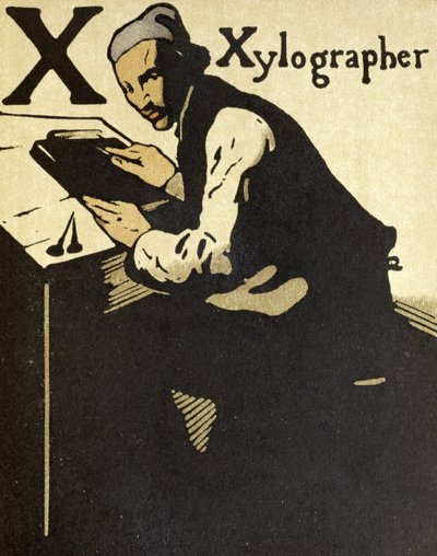 X لـ Xylographer ، رسم توضيحي من "An Alphabet" ، نشره William Heinemann بواسطة وليام نيكلسون