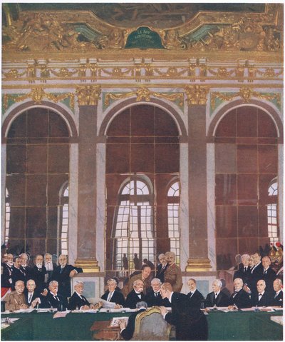 توقيع السلام في قاعة المرايا ، قصر فرساي ، 28 يونيو 1919 ، من Cassells History of the British People التي نشرتها شركة Waverley Book Company Limited ، c.1940 بواسطة وليام أوربن