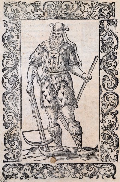 Man with fur dress, crossbow and shoes with twisted tip (example of rudimentary skis), illustration attributed to Cesare Vecellio (1521-1601), published in Italy in 16th century بواسطة الكسندر جبرائيل (بعد) ديكامبس