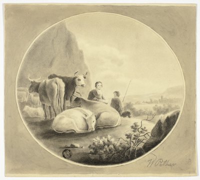 الرعاة والأبقار والأغنام في المناظر الطبيعية بواسطة William Pether