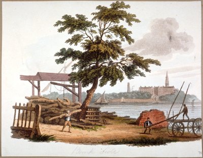 رجال ينقلون الأخشاب في بانكسايد ، ساوثوارك ، لندن ، c1810 بواسطة وليام بيكيت