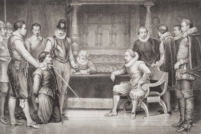 جاي فوكس (1570-1606) استجوبه جيمس الأول (1566-1625) ومجلسه في غرفة نوم الملك ، من "الرسوم التوضيحية الإنجليزية والتاريخ الاسكتلندي" المجلد الأول بواسطة وليام رالستون