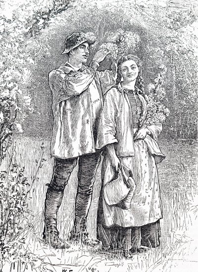 تتويج ملكة مايو بإكليل من الزعرور من حبيبها. بقلم ويليام سمول (1843-1929) رسامًا إنجليزيًا بواسطة وليام سمول