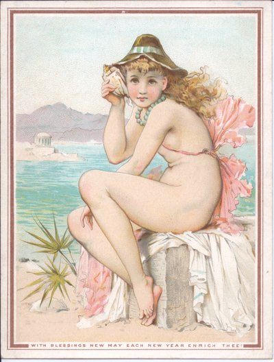 بطاقة رأس السنة الفيكتورية لجمال الاستحمام على شاطئ يحمل قذيفة في أذنها ، c.1881 بواسطة وليام ستيفن كولمان