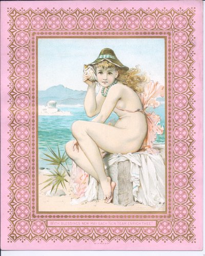 بطاقة رأس السنة الفيكتورية لجمال الاستحمام على شاطئ يحمل قذيفة في أذنها ، c.1881 بواسطة وليام ستيفن كولمان