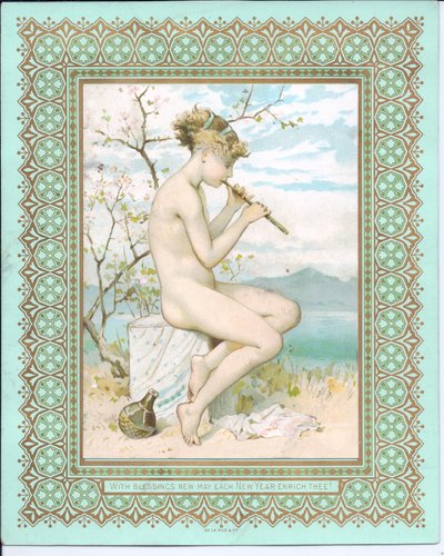 بطاقة السنة الفيكتورية الجديدة لجمال الاستحمام على شاطئ يلعب الناي ، c.1881 بواسطة وليام ستيفن كولمان