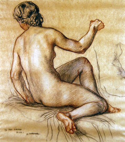 دراسة لأنثى عارية جالسة من الخلف ، حوالي عام 1890 (فحم وطباشير أحمر وأبيض على ورق) بواسطة وليام ستراند