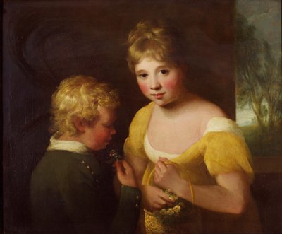 Two children with a basket of flowers (oil on canvas) بواسطة وليام تيت