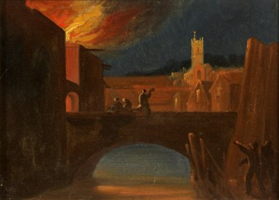 أعمال شغب بريستول: حرق Bridewell ، مع كنيسة St Michael ، Bridewell Bridge ، حوالي عام 1831 (زيت على ورق) بواسطة وليام دبليو ويتلي