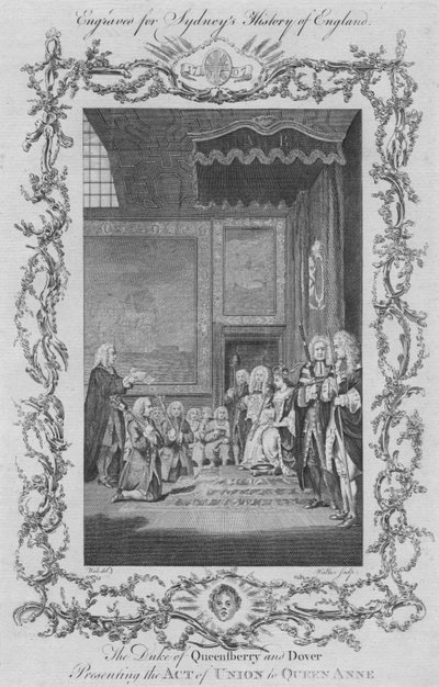 دوق كوينزبيري ودوفر يقدمان قانون الاتحاد للملكة آن ، 1773. بواسطة وليام ووكر