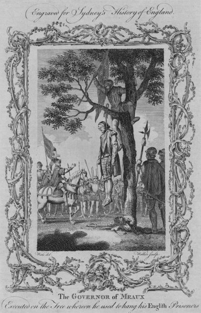 أعدم حاكم مو على الشجرة التي اعتاد فيها تعليق سجناءه الإنجليز ، 1773. بواسطة وليام ووكر