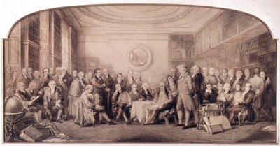 رجال العلم البارزون 1807-1808. لقاء في مكتبة المعهد الملكي للعلوم بإنجلترا. نقش وليام والكر والسير جون جيلبرت (1817 - 1897) - رجال العلوم البارزون الذين يعيشون في عام 1807 - رجال العلم البارزون بواسطة وليام ووكر