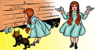 ساحر أوز الرائع - ساحر أوز: تحرير صورتين لدينسلو ، ويليام والاس (1856-1915) تم إعدادهما للطبعة الأولى عام 1900 من كتاب فرانك بوم (1856-1919) - دوروثي (دوروثي) ، برفقة كلبه توتو ، يستعيد الحذاء الفضي السحري بواسطة وليام والاس دينسلو