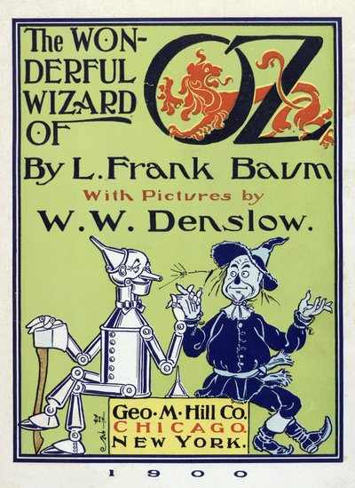 صفحة العنوان من The Wonderful Wizard of Oz بواسطة Lymna Frank Baum (1856-1919) pub. 1900 (طباعة حجرية ملونة) بواسطة وليام والاس دينسلو