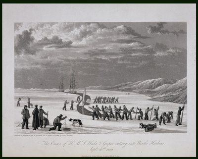 طواقم HMS Hecla und Griper تقطع في وينتر هاربور ، 26 سبتمبر 1819 ، من "مجلة رحلة لاكتشاف ممر شمالي غربي من المحيط الأطلسي إلى المحيط الهادئ تم إجراؤها في بواسطة وليام ويستال