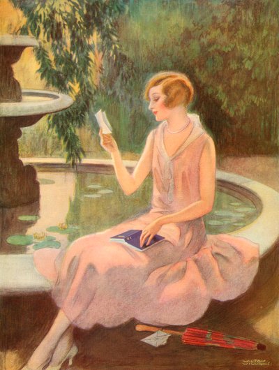 امرأة شابة تقرأ رسالة حب بجانب نافورة ، حوالي عام 1925 (بصمة الشاشة) بواسطة ويلتون ويليامز