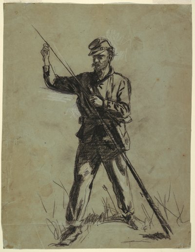 رسم لجندي من سلاح الفرسان يقوم بتلقيم بندقية، 1863-1864 بواسطة وينسلو هومر