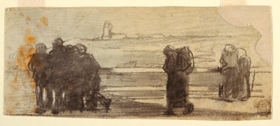 رسم، شخصيات تطل على خليج وزورق صغير، كولركوتس، إنجلترا، 1881-1882 بواسطة وينسلو هومر