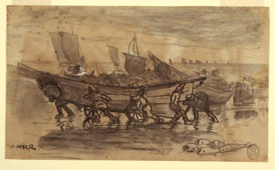 رسم، صيادون يرسون على زورق، كولركوتس، إنجلترا، 1881 بواسطة وينسلو هومر