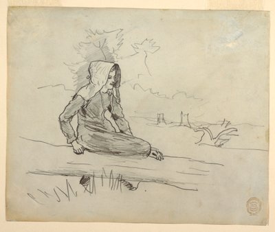 رسم، فتاة جالسة على جذع شجرة، 1879 بواسطة وينسلو هومر