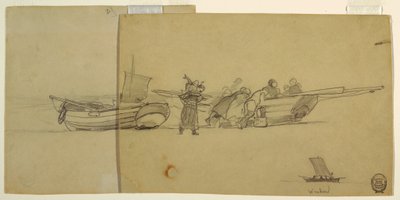 رسم، رجال ونساء يقومون بتفريغ زورق صيد، كولركوتس، إنجلترا، 1881-1882 بواسطة وينسلو هومر