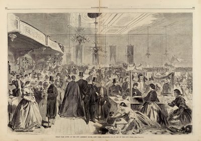 المعرض العظيم الذي أُقيم في قاعات اجتماعات المدينة، نيويورك، ديسمبر 1861، لمساعدة فقراء المدينة، من هاربرز ويكلي 28 ديسمبر 1861 بواسطة وينسلو هومر