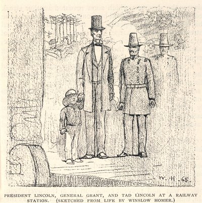 الرئيس لينكولن والجنرال جرانت وتاد لينكولن في محطة سكة حديد، من مجلة القرن، نوفمبر 1887 بواسطة وينسلو هومر