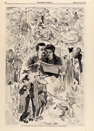 عيد القديس فالنتاين--القصة القديمة في جميع الأراضي، من مجلة هاربر الأسبوعية، 22 فبراير 1868 بواسطة وينسلو هومر