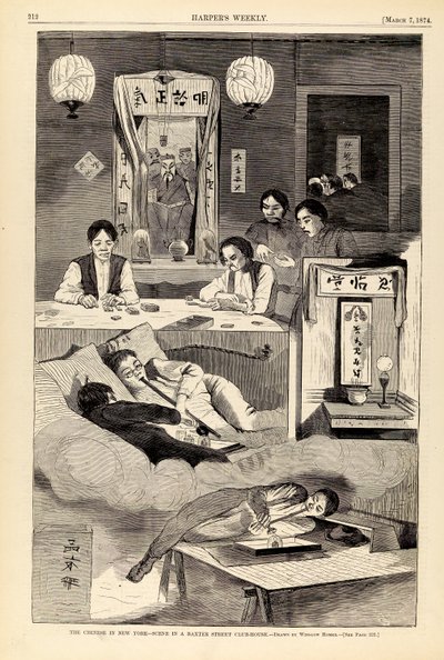 الصينيون في نيويورك--مشهد في ملهى بشارع باكستر، من هاربر ويكلي في 7 مارس 1874 بواسطة وينسلو هومر
