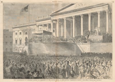 تنصيب أبراهام لنكولن كرئيس للولايات المتحدة ، في مبنى الكابيتول بواشنطن ، 4 مارس 1861 ؛ من هاربر بواسطة وينسلو هومر