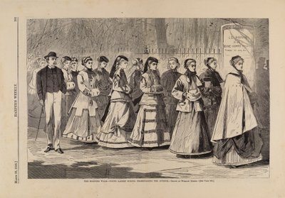 نزهة الصباح--مدرسة الشابات المتنزهات في الجادة، من مجلة هاربر الأسبوعية، 28 مارس، 1868 بواسطة وينسلو هومر
