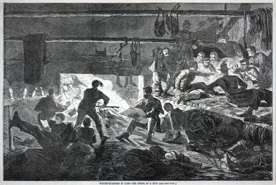 مقر الشتاء في المخيم -- داخل كوخ، من هاربر ويكلي من صحيفة هاربر الأسبوعية، 24 يناير 1863 بواسطة وينسلو هومر