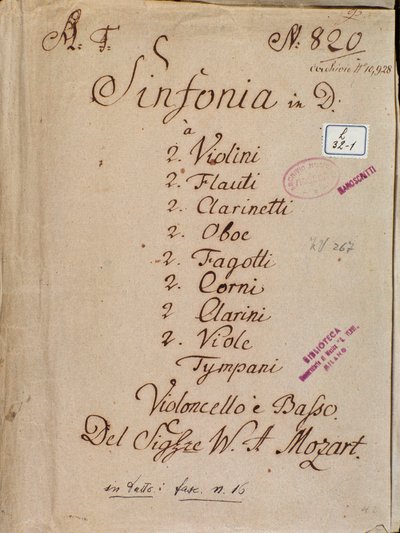 الصفحة الأولى من النوتة الموسيقية لـ Symphony n ° 4 في D ، بواسطة Mozart بواسطة فولفغانغ أماديوس موزارت