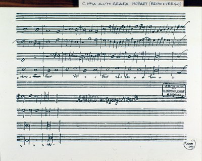 صفحة النوتة الموسيقية لـ Querite primum regnum Dei بواسطة Mozart للحصول على لقب Accademia filarmonico ، تم تصحيح النسخة بواسطة الأب مارتيني (1770) بواسطة فولفغانغ أماديوس موزارت