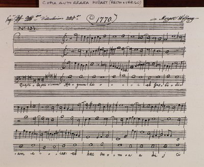 صفحة الموسيقى ورقة ل Querite primum regnum Dei بواسطة Mozart للحصول على لقب Accademia filarmonico ، تم تصحيح النسخة بواسطة الأب مارتيني (1770) بواسطة فولفغانغ أماديوس موزارت