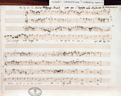 صفحة الموسيقى النوتة الموسيقية Querite primum regnum Dei بواسطة Mozart للحصول على لقب Accademico filarmonico (1770) بواسطة فولفغانغ أماديوس موزارت