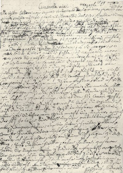 فولفجانج أماديوس موتسارت (1756-1791) مؤلف نمساوي. رسالة توقيع لأخته نانرل. نابولي 19 مارس 1770 بواسطة فولفغانغ أماديوس موزارت