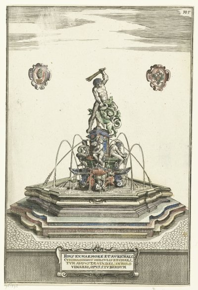 حوض سداسي على ارتفاع مع درج Fons ex marmore et avrichalc (...) (العنوان على الكائن) أركيتكتورا كوريوسا نوفا (عنوان السلسلة) بواسطة مجهول